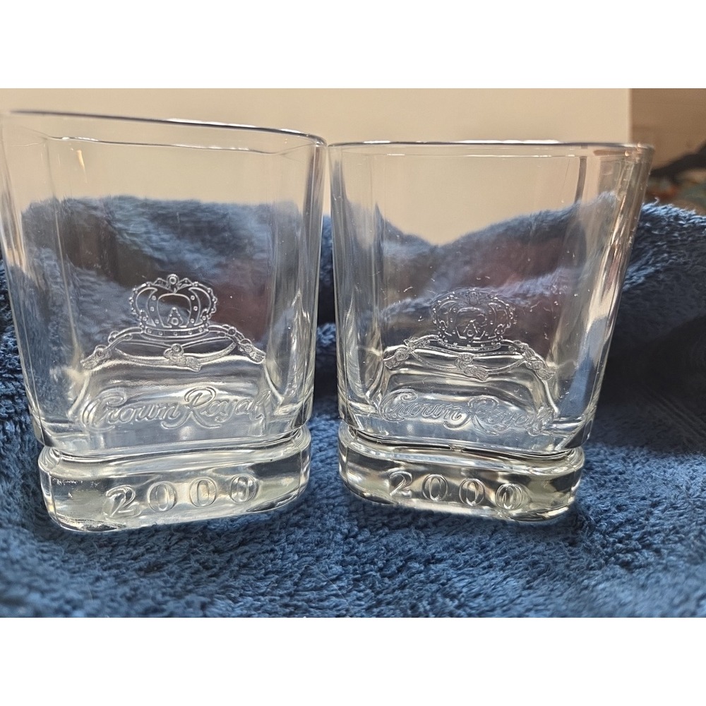 2 Crown Royal Whiskey Square Glasses Embossed 2000 Old Fashioned  3.5" Cup (C)